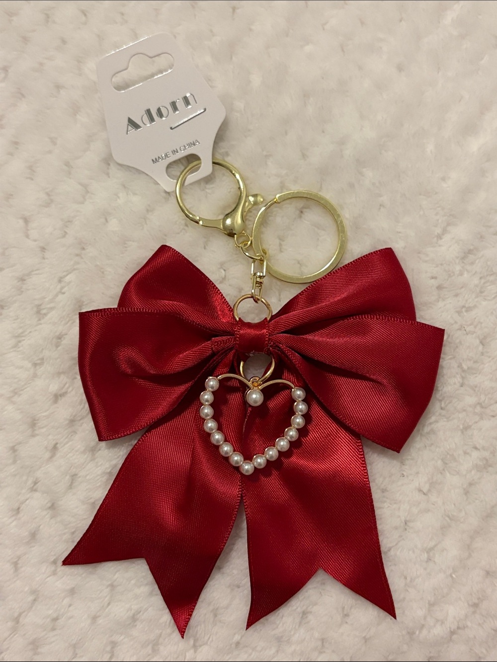Red Satin Bow Keychain with Pearl Heart Charm